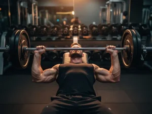 Gespierde atleet tijdens zware barbell bench press in moderne gym, met scherpe spierdefinitie onder warm amberkleurig licht.