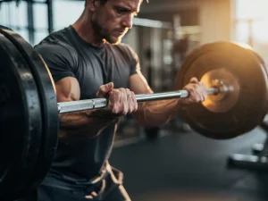 Atleet met gespannen onderarmen en witte knokkels die een zware halter optilt in moderne gym, dramatisch zijlicht benadrukt spierdefinitie.