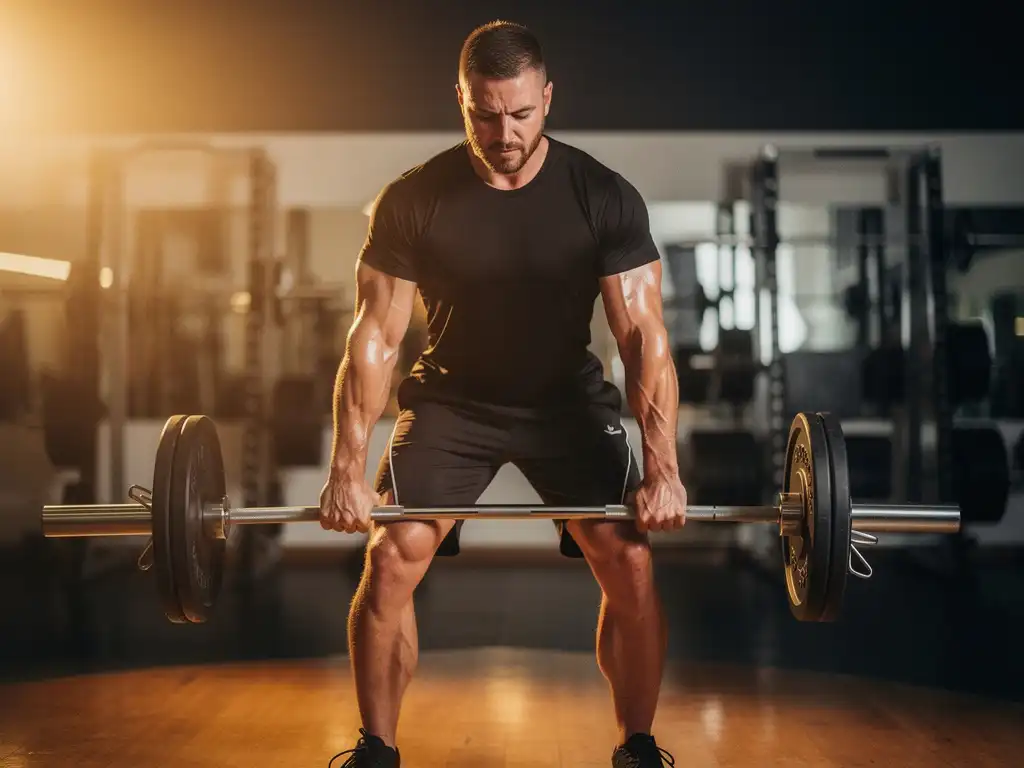 Atleet tilt een barbell in een moderne sportschool met houten vloer, zachte verlichting en gewichtsrekken op de achtergrond.
