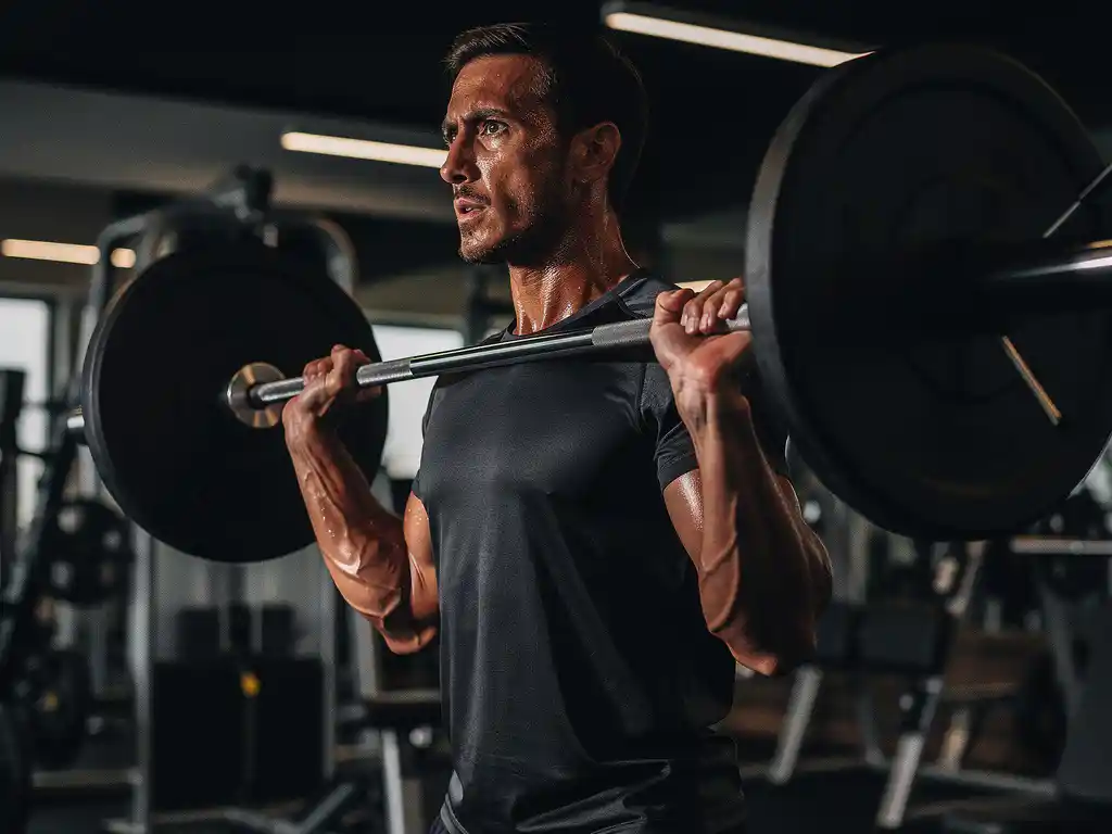 Atleet die een halter vastgrijpt op het zwaarste punt van de lift in een moderne sportschool, dramatisch zijlicht op gespannen spieren.