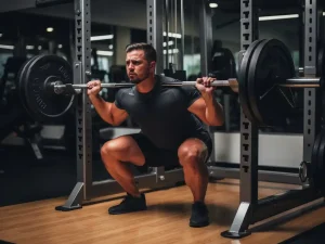 Gespierde atleet voert een diepe barbell squat uit in moderne sportschool met houten vloer en stalen rack.