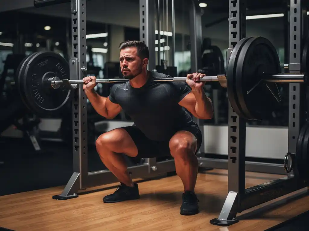 Gespierde atleet voert een diepe barbell squat uit in moderne sportschool met houten vloer en stalen rack.