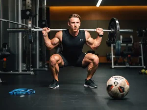 Atleet voert zware barbell squat uit in moderne sportschool, met voetbal en zwembril op de vloer op de achtergrond.