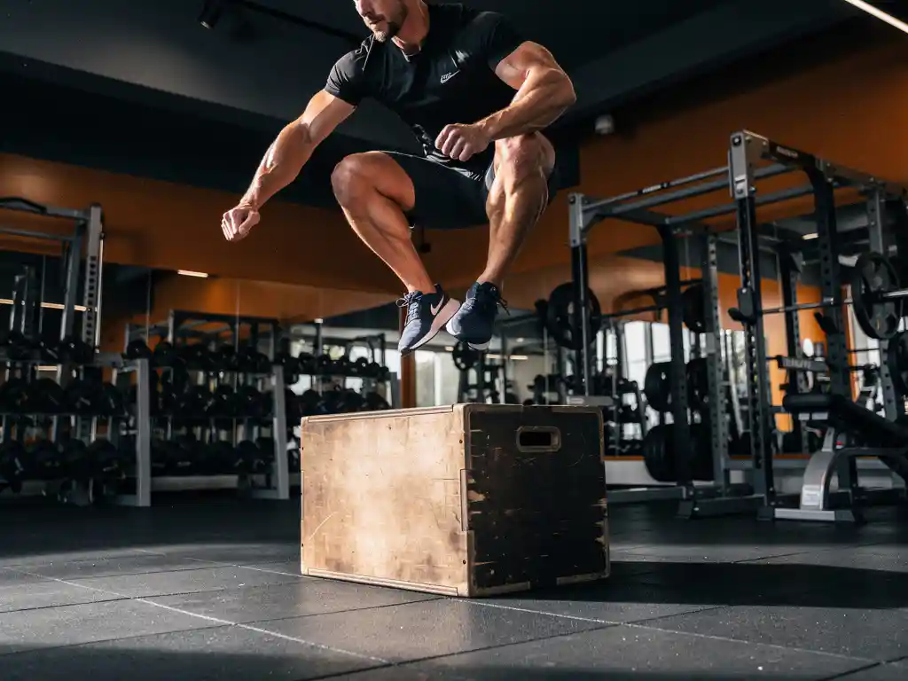 Atleet op maximale hoogte tijdens een explosieve box jump in moderne sportschool, dramatisch laag camerastandpunt benadrukt kracht.