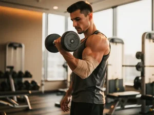 Atleet voert een dumbbell curl uit met één arm, terwijl de andere elleboog een elastische ondersteuningsbandage draagt, in een moderne gym.
