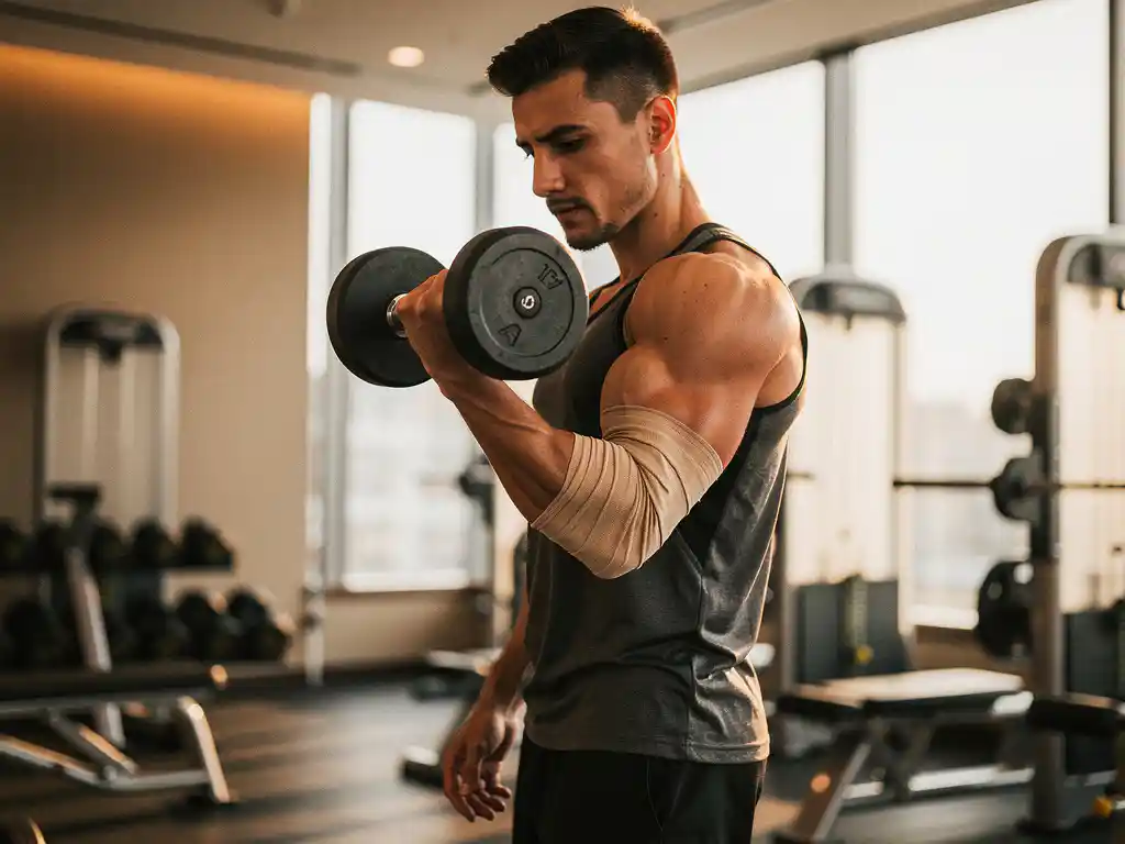 Atleet voert een dumbbell curl uit met één arm, terwijl de andere elleboog een elastische ondersteuningsbandage draagt, in een moderne gym.