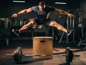 Atleet op het hoogtepunt van een explosieve box jump boven een plyo box, met een geladen barbell op de gymvloer eronder.