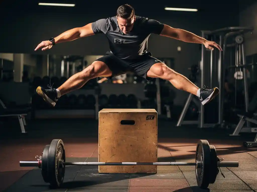 Atleet op het hoogtepunt van een explosieve box jump boven een plyo box, met een geladen barbell op de gymvloer eronder.