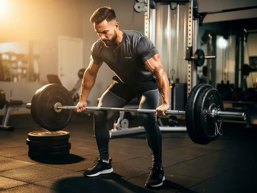 Atleet tilt een zwaar beladen barbell in een moderne sportschool met rubberen vloer en warme zijdelingse belichting.
