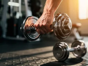Gespierde onderarm die een zware dumbbell optilt in moderne gym, lichtere dumbbell op rubberen mat op voorgrond, warm zijlicht.