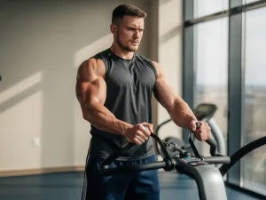 Slanke atleet voert gecontroleerde kabeloefeningen uit op moderne fitnessapparatuur, spieren zichtbaar aangespannen, natuurlijk licht.