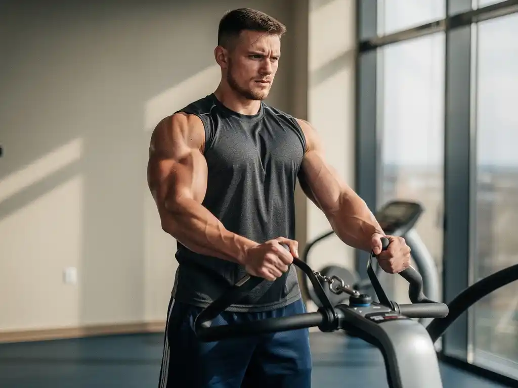 Slanke atleet voert gecontroleerde kabeloefeningen uit op moderne fitnessapparatuur, spieren zichtbaar aangespannen, natuurlijk licht.