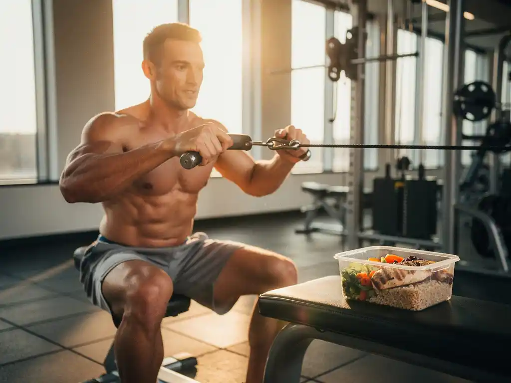 Atleet traint op een kabelapparaat in moderne gym, maaltijdprepcontainer met gezond eten op de bank, warm ochtendlicht.