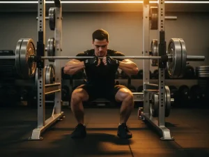 Atleet die polsbandages aanpast voor een barbell squat in een moderne sportschool, gewichtsschijven op de achtergrond, warm amberkleurig licht.
