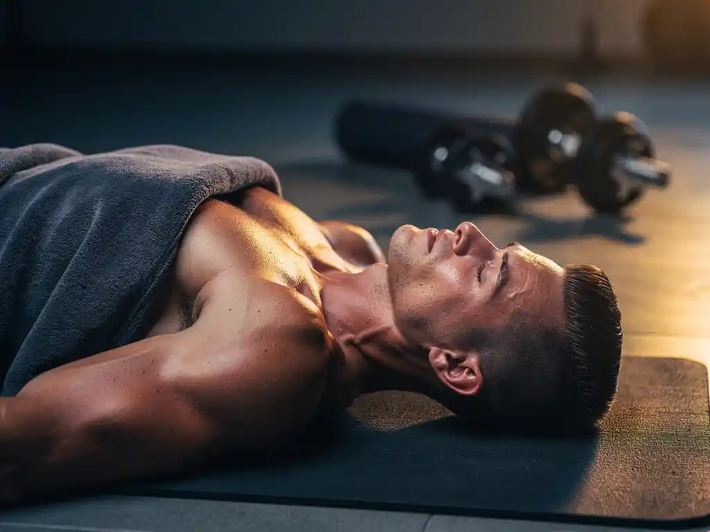 Rustende atleet op een gymmat in een dimverlichte fitnessruimte, bedekt met een zachte deken, gewichten op de achtergrond.