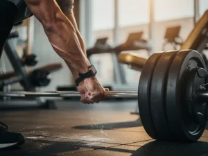 Atleet controleert sporthorloge tijdens krachttraining naast een geladen halter in moderne sportschool met warm amberkleurig licht.