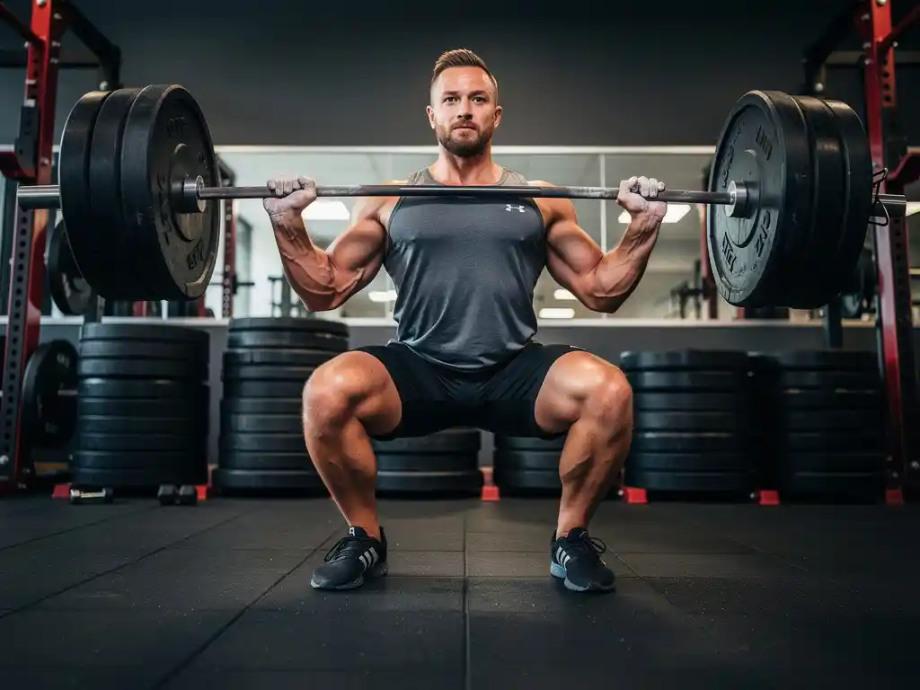 Atleet voert zware barbell squat uit in moderne sportschool, spieren gespannen, omringd door gewichtsschijven en rubberen vloermatten.