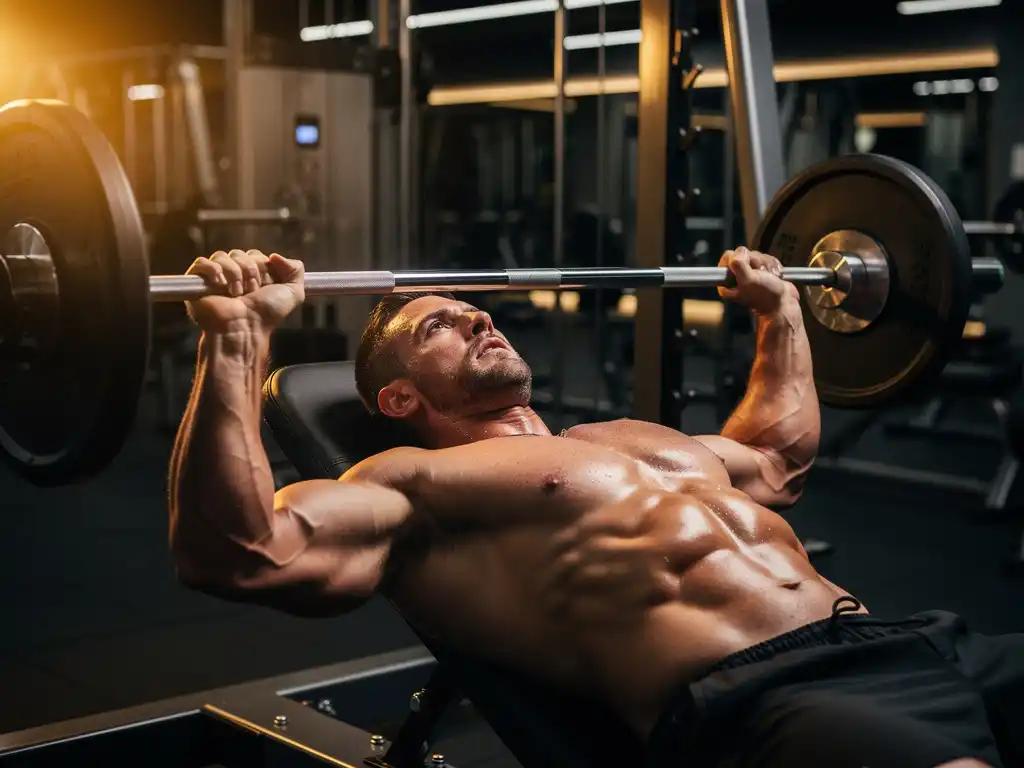 Gespierde atleet voert een barbell bench press uit in moderne sportschool, dramatische zijverlichting benadrukt spierdefinitie.