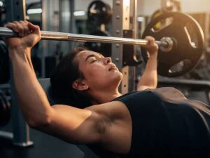 Persoon met gesloten ogen voert een barbell bench press uit in modern gym met warm amberkleurig licht.
