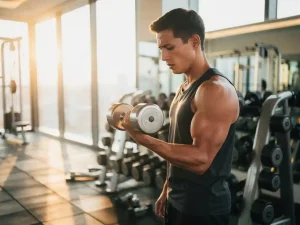 Beginner houdt voor het eerst een lichte dumbbell vast bij een gewichtenrek in een lichte, moderne sportschool.