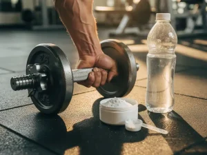 Gespierde onderarm die een dumbbell curl uitvoert naast een open pot creatinepoeder met maatlepel en waterfles op een sportschoolvloer.