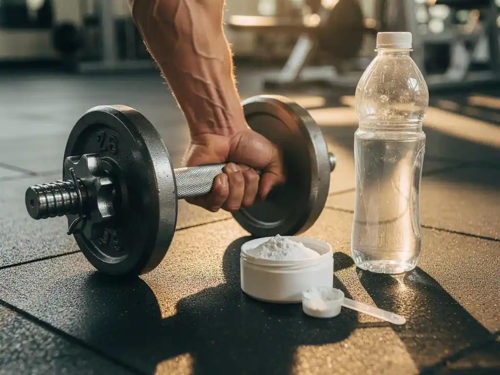 Gespierde onderarm die een dumbbell curl uitvoert naast een open pot creatinepoeder met maatlepel en waterfles op een sportschoolvloer.