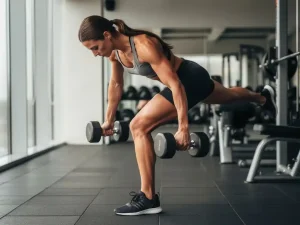 Atleet voert een single-leg Romanian deadlift uit met dumbbell in moderne gym, gericht op hamstrings met gecontroleerde beweging.
