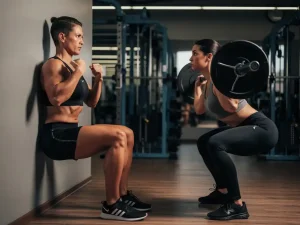 Gymbezoeker in statische wall-sit naast trainingspartner die gewogen squats uitvoert in moderne fitnessruimte.