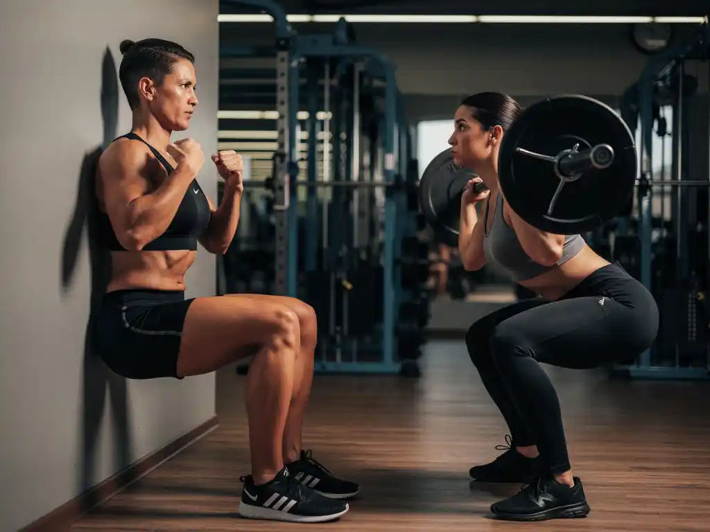 Gymbezoeker in statische wall-sit naast trainingspartner die gewogen squats uitvoert in moderne fitnessruimte.