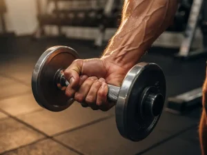 Gespierde onderarm die een dumbbell vasthoudt tijdens een curl, met zweet op gespannen huid en gewichtsrekken op de achtergrond.