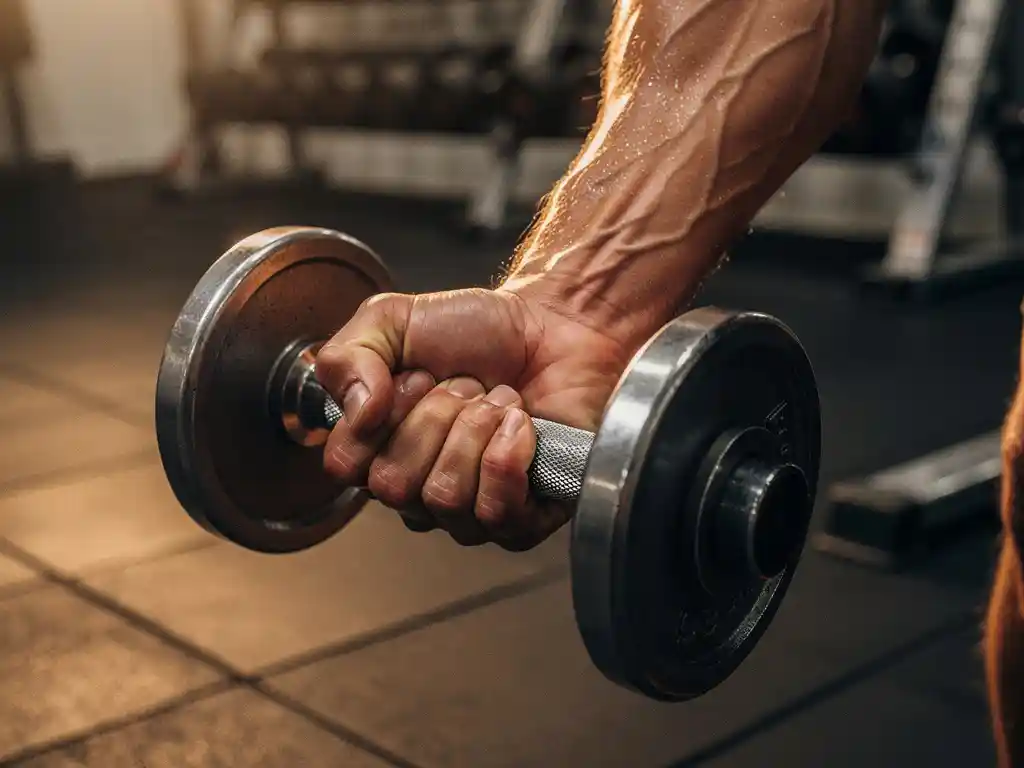 Gespierde onderarm die een dumbbell vasthoudt tijdens een curl, met zweet op gespannen huid en gewichtsrekken op de achtergrond.