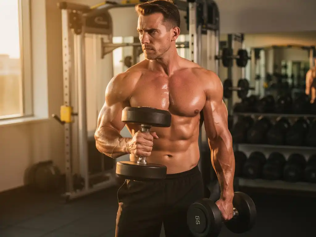 Gespierde atleet voert een dumbbell curl uit in moderne gym, met zichtbare aderen op onderarmen en gouden zijlicht.