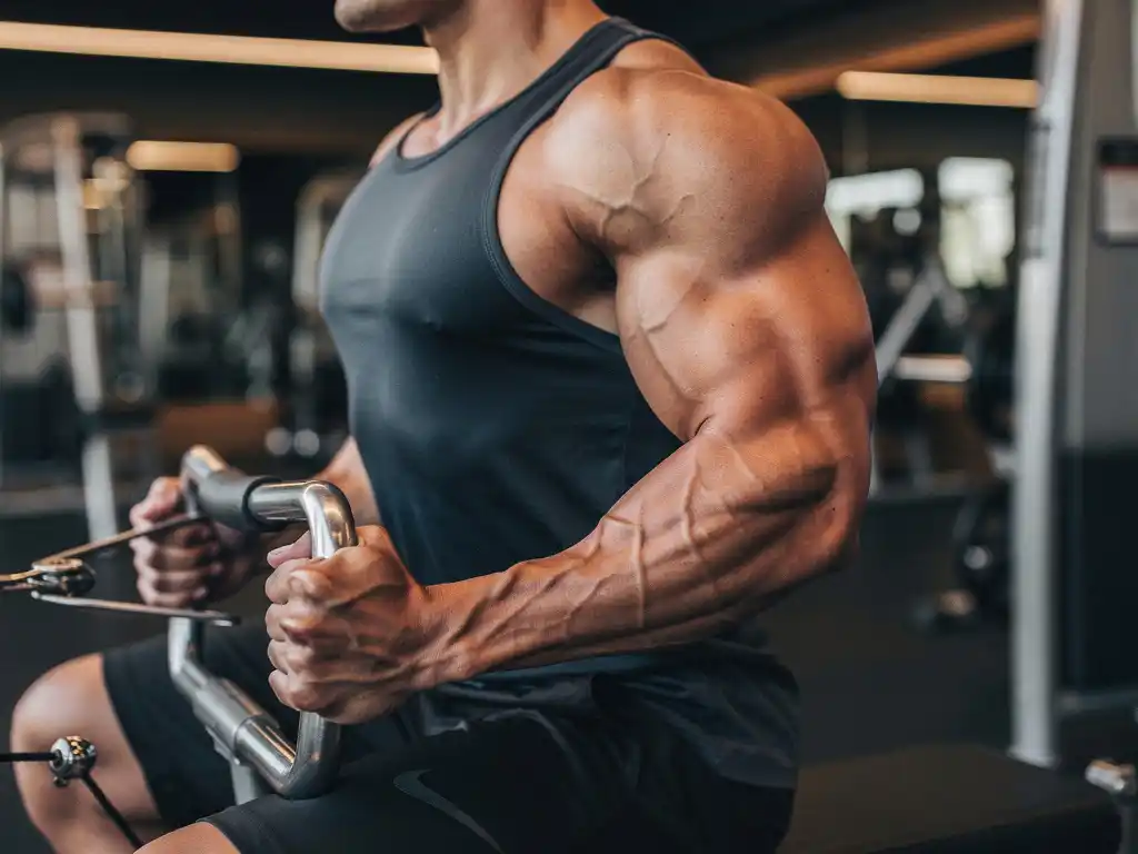 Gespierde atleet trekt kabelmachine handgreep naar zich toe, met zichtbaar aangespannen rugspieren in een moderne sportschool.