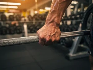 Gespierde onderarm die een stalen halter vastgrijpt in een moderne sportschool, met zweet en warme amberkleurige belichting.