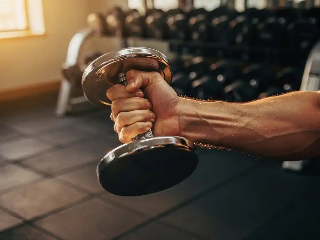 Gespierde onderarm met dumbbell tijdens bicepscurl, zweet op de huid, sportschool met gewichtsrekken op de achtergrond in warm goudkleurig licht.