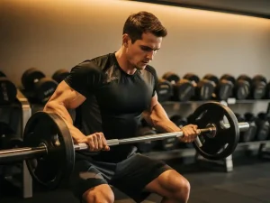 Atleet laadt gewichtsschijven op een halter in een moderne sportschool, met een geordend dumbbellrek op de achtergrond.