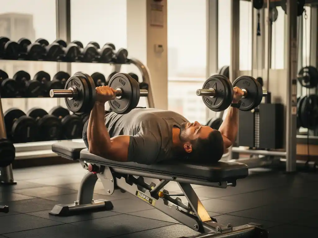 Persoon voert dumbbell press uit op een flat bench in een moderne sportschool met natuurlijk licht en gewichtsapparatuur op de achtergrond.