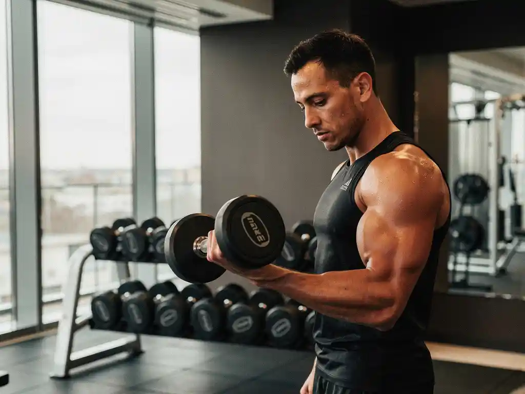 Atleet voert een dumbbell curl uit in moderne sportschool met natuurlijk licht en dumbbellrek op de achtergrond.