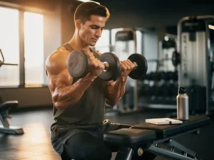 Atleet voert dumbbell curl uit in moderne gym, zweet op onderarmen, trainingsjournal en waterfles op nabijgelegen bank.