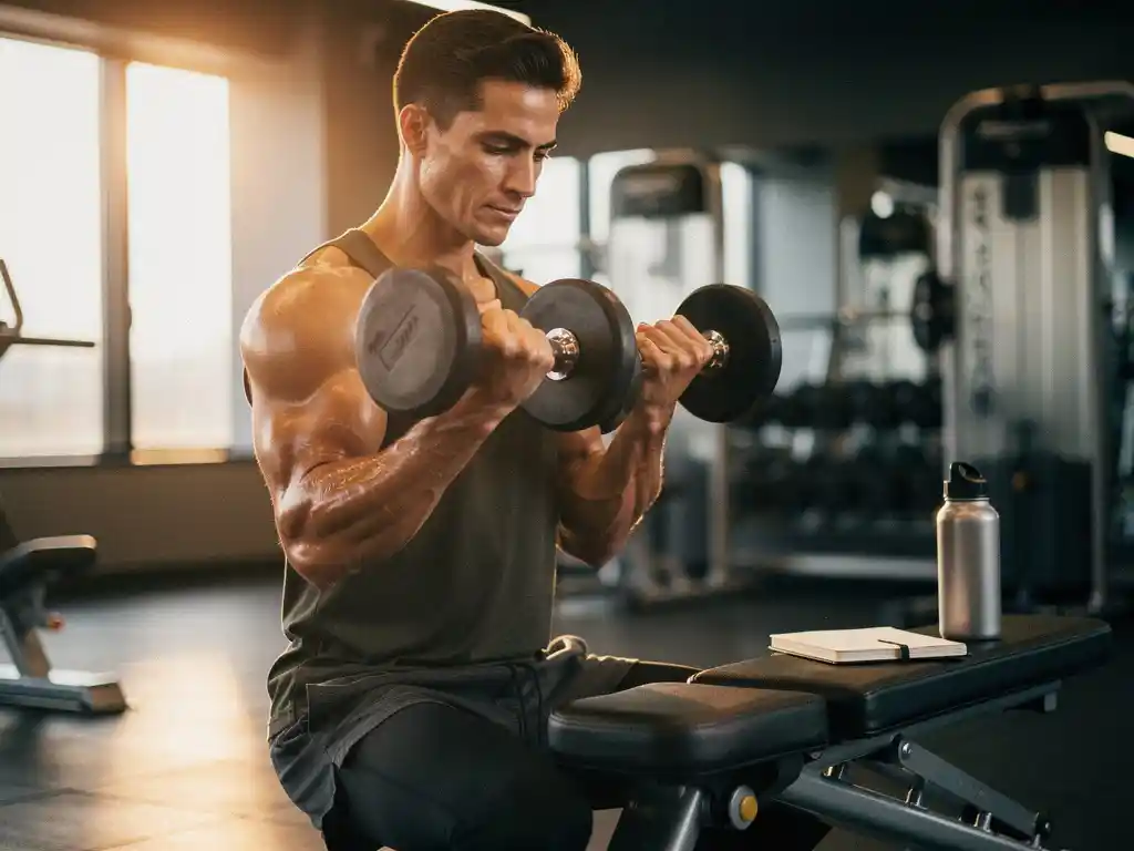 Atleet voert dumbbell curl uit in moderne gym, zweet op onderarmen, trainingsjournal en waterfles op nabijgelegen bank.