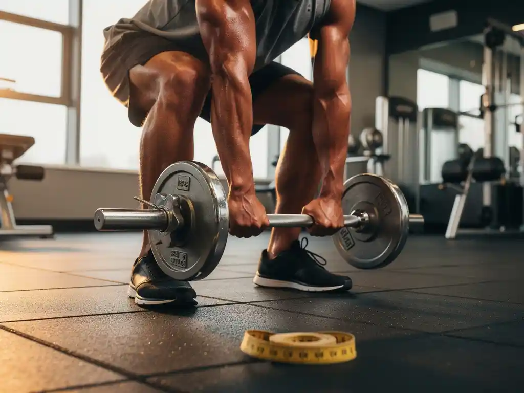 Gespierde persoon voert dumbbell deadlift uit in moderne gym, meetlint op de vloer, warm amberkleurig licht door grote ramen.