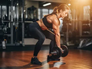 Persoon voert dumbbell deadlift uit met perfecte rughoucht en zichtbare spieractivatie in moderne gym met houten vloer.