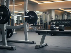 Halter met gewichtsschijven in squatpositie naast een dumbbell op een gymbank in een moderne fitnessruimte.
