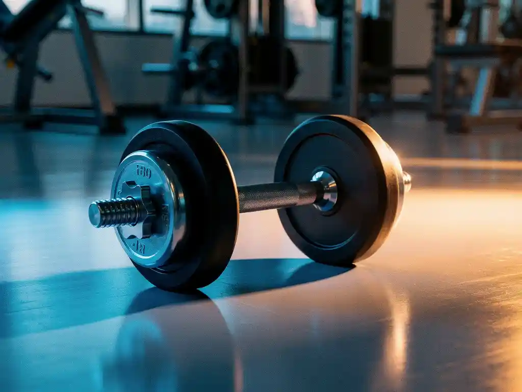 Enkele dumbbell op glanzende gymvloer, verlicht met koel blauw en warm amber licht, moderne fitnessapparatuur op de achtergrond.