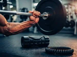 Gespierde arm die een zware halter vastgrijpt tijdens een lift, met zichtbare spanning in onderarm en pols, sportschoolomgeving op de achtergrond.