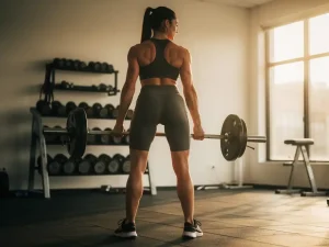 Persoon voert barbell row uit met rechte rug en geactiveerde schouderbladen in moderne gym, warm zijlicht.