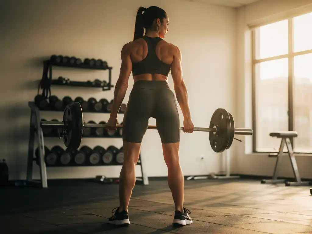 Persoon voert barbell row uit met rechte rug en geactiveerde schouderbladen in moderne gym, warm zijlicht.