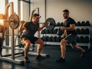 Gespierde atleet op squat rack naast trainer met kettlebell lunge in modern gym met warme gouden belichting.