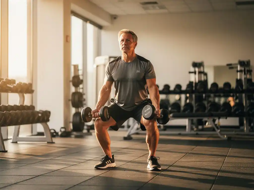 Middelbare persoon voert gecontroleerde dumbbell squat uit op sportmat, knieën uitgelijnd, sterke houding, moderne fitnessruimte op achtergrond.