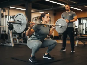 Atleet voert een barbell squat uit met neutrale ruggengraat en uitgelijnde knieën, begeleid door een personal trainer op de achtergrond.